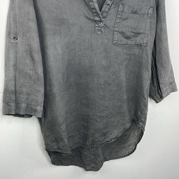Side Stitch Linen Popover Tunic Top Blue Roll Tab Sleeve Pocket Collar Small - Picture 3 of 15